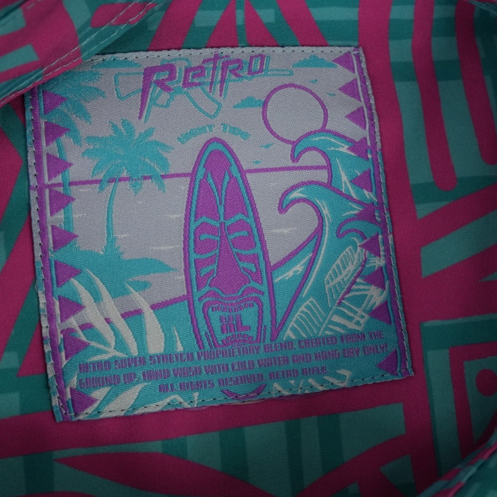 Retro Rifle Button Down Shirt Mens XL Teal Pink AK-47 Geometric Hawaiian Stretch - Picture 6 of 11
